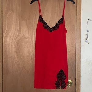 Red Silky Lingerie Dress With Black Lace, Size L